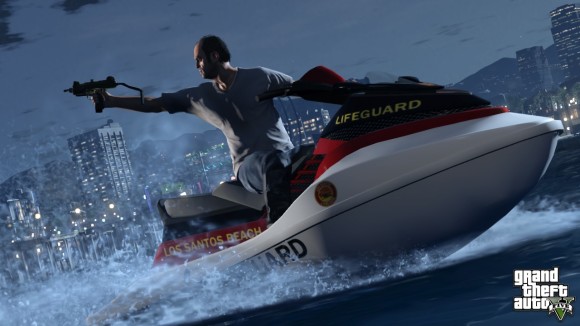 Trevor em jet ski da Lifeguard no GTA V