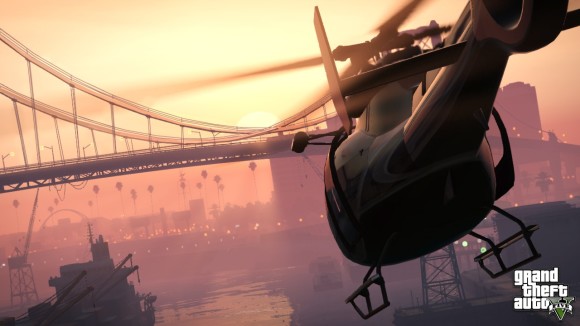 Helicóptero sobrevoando ponte de Los Santos