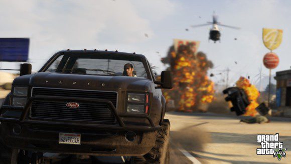 Screenshot: Trevor foge da polícia em caminhonete no GTA V